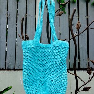 Cyan Blue Crochet Tote Bag